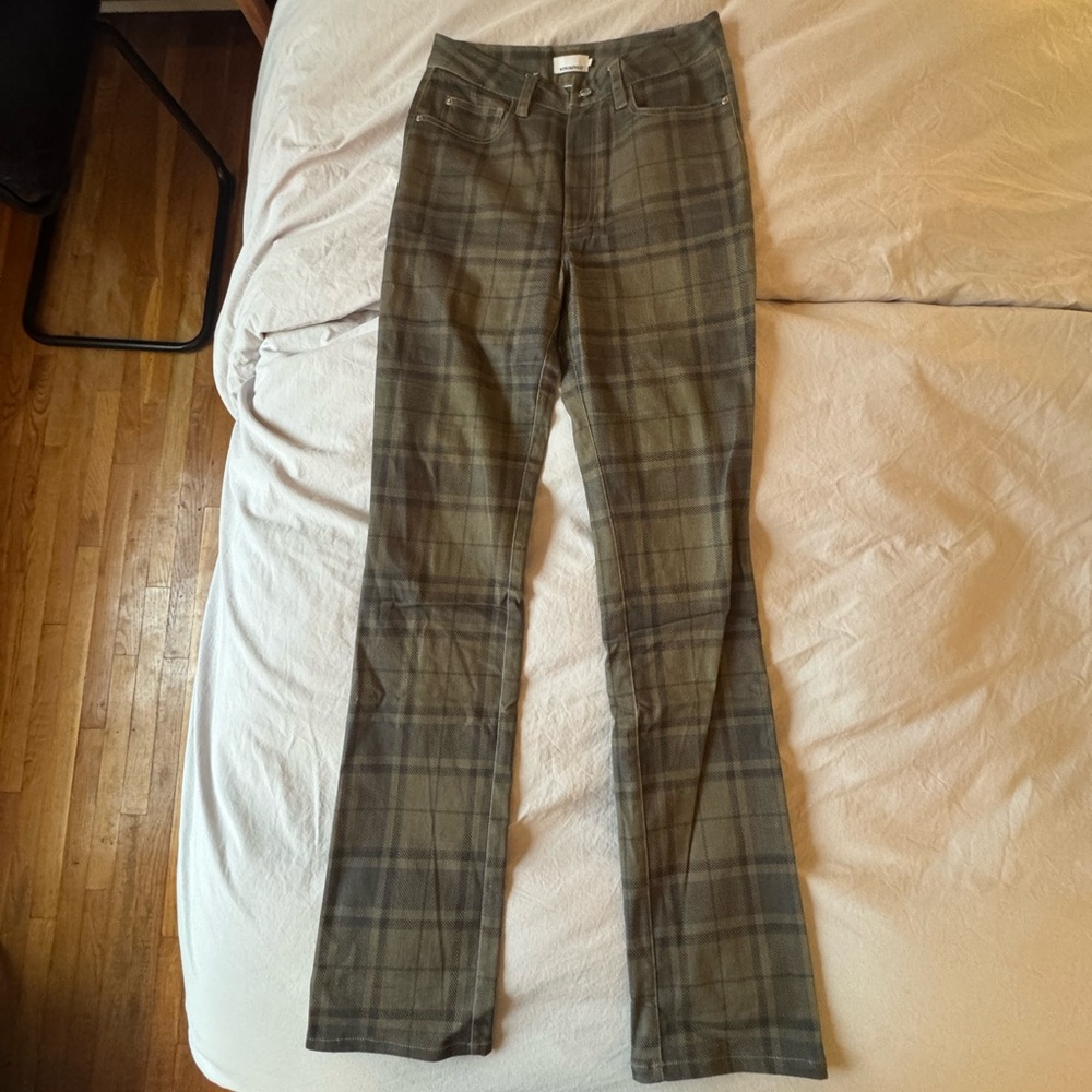 WeWoreWhat Olive Plaid Flare Jeans